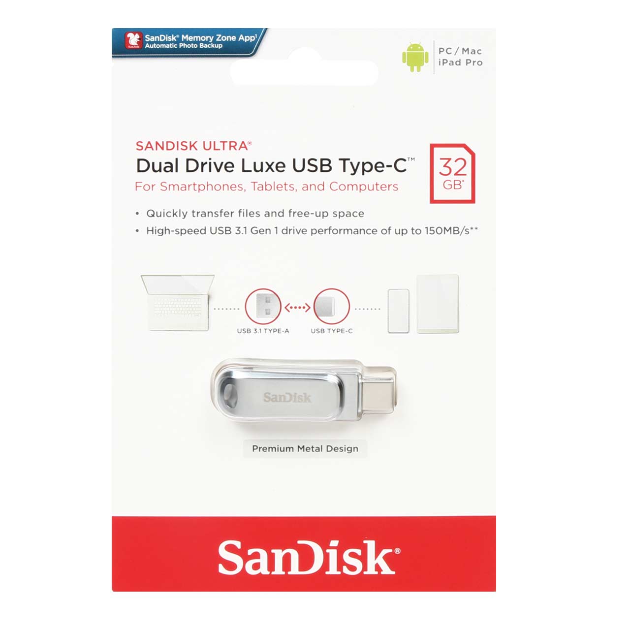 SanDisk Ultra Dual Drive Luxe USB Type-C USB3.2 Flash Memory - 32GB (گارانتی سورین)